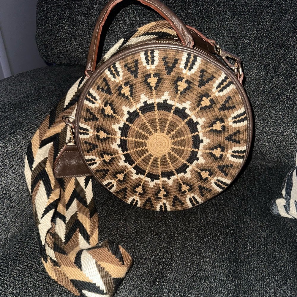 Leather Brown Patterned Round Handbag w/ Guitar strap